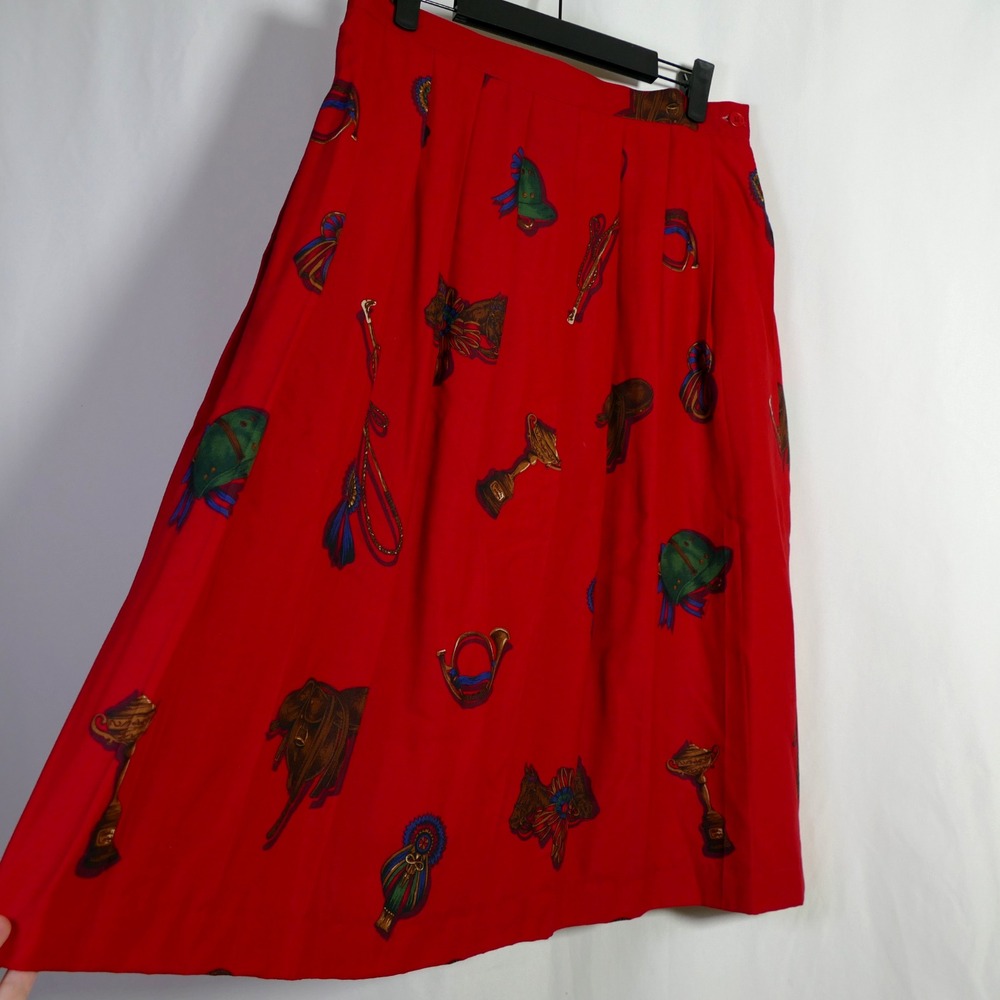 VTG Susan Bristol Equestrian Print Pleated Midi Skirt Size 14 Old Money Preppy